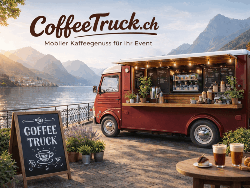 mobiler Kaffeetruck für Events in der Schweiz vor Alpenkulisse am See. Catering mit Espresso und Cappuccino
